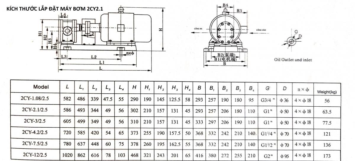 Kích thước máy bơm bánh răng 2CY2.1/2.5