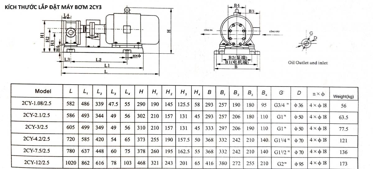 Kích thước lắp đặt bơm bánh răng 2CY3/2.5