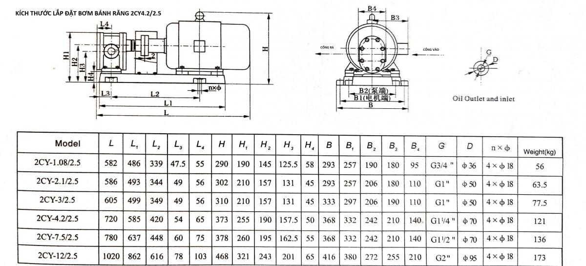 Kích thước lắp đặt bơm bánh răng 2CY4.2/2.5