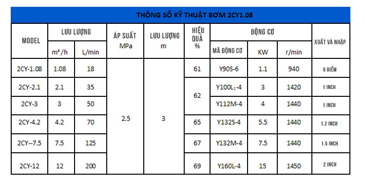 Thông số kỹ thuật bơm bánh răng 2CY1.08/2.5