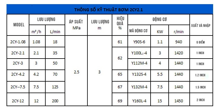 Thông số kỹ thuật bơm bánh răng 2CY2.1/2.5