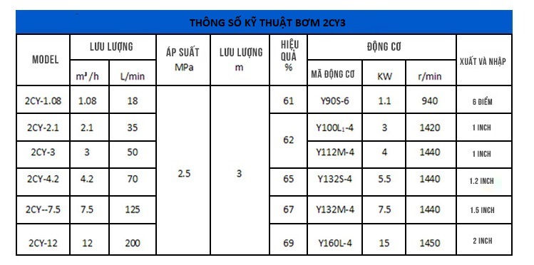 Thông số kỹ thuật bơm bánh răng 2CY3/2.5